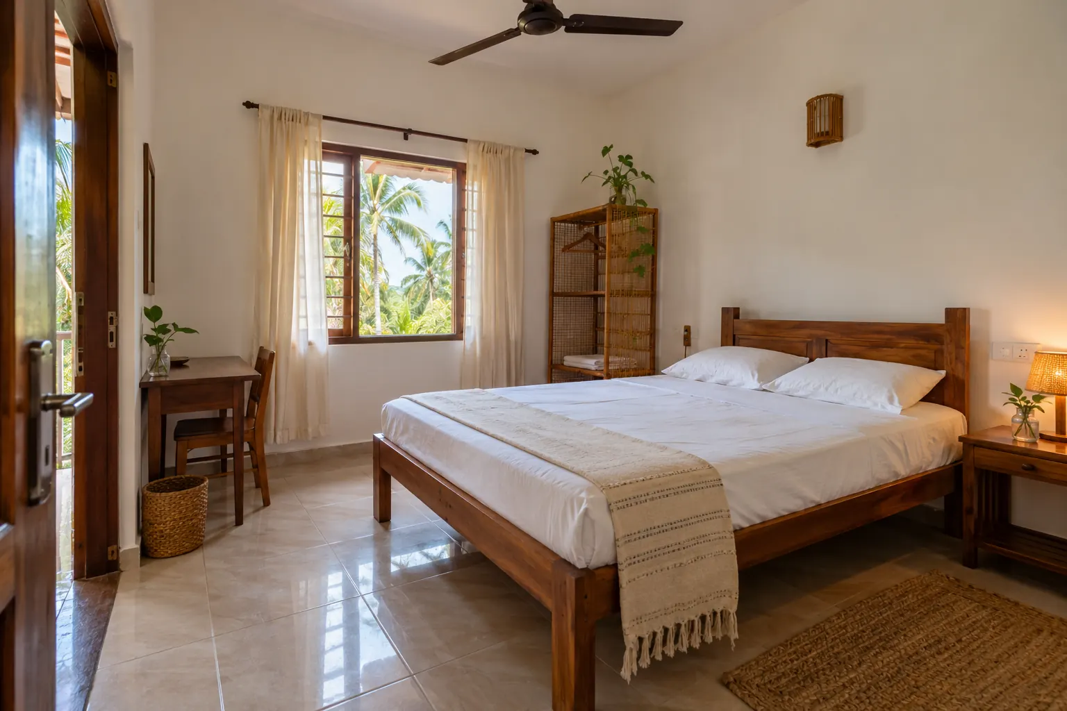 Illustrative sunlit guest room with palms outside