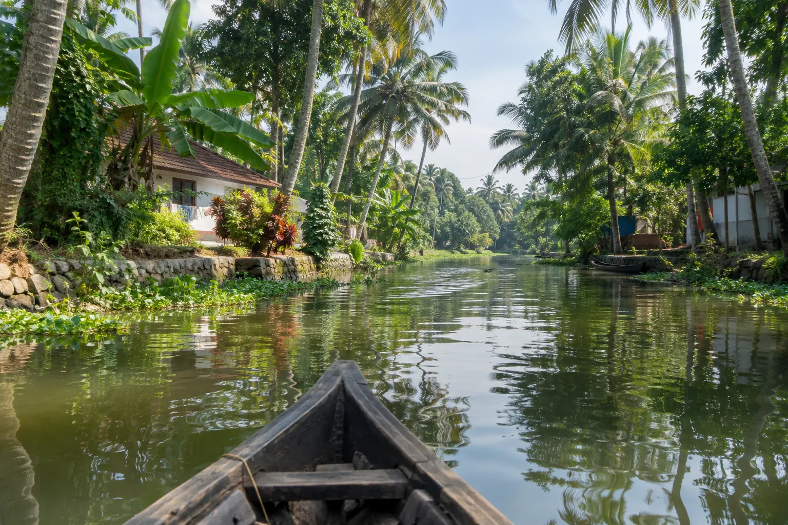 Boat view on a palm-lined Kerala backwater