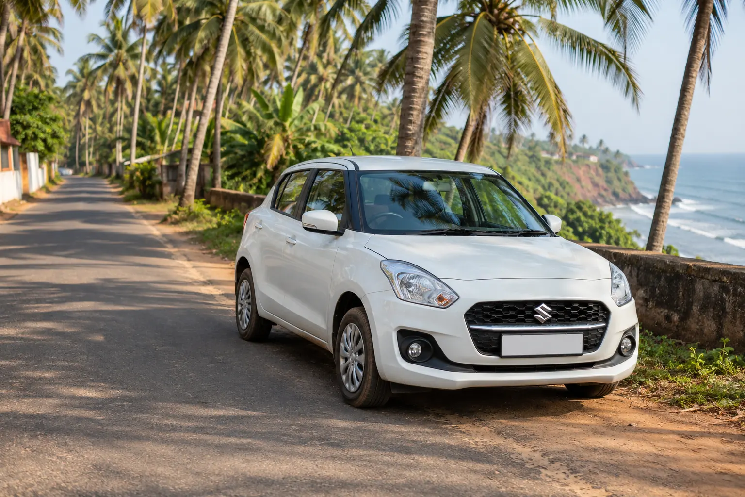 Illustrative compact rental car on a palm-lined road in Varkala