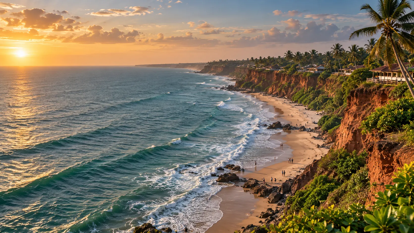 Varkala's red cliffs and beach at sunset